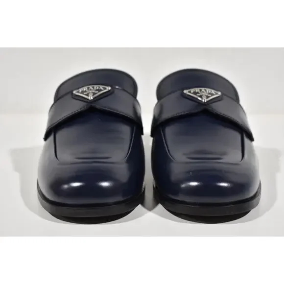 Prada Navy Blue Leather Triangle Silver Logo Loafer Slip On Slide Mule Flat 36.5